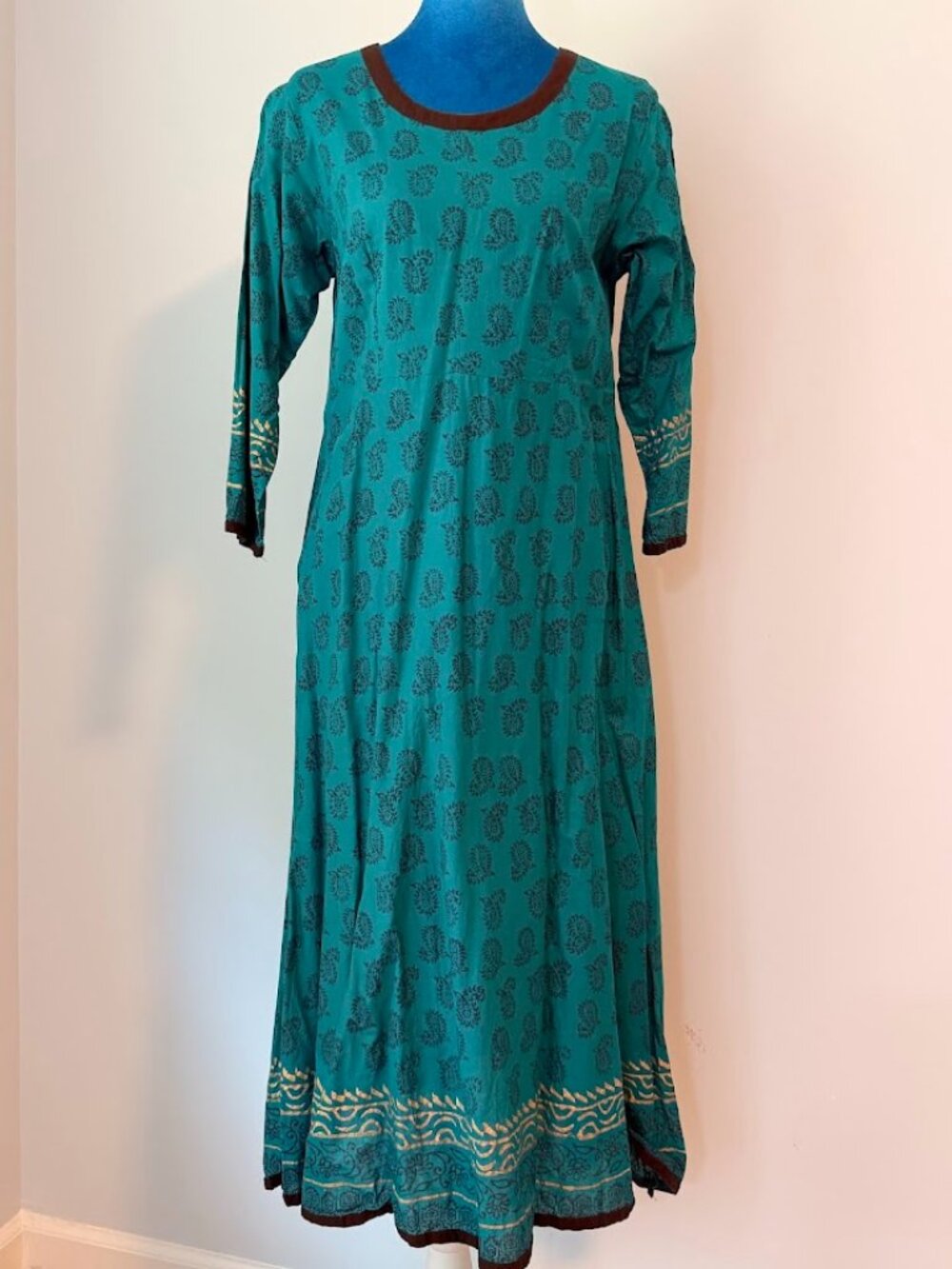 Teal Cotton Maxi Dress Navy Paisley Print Long Sleeve